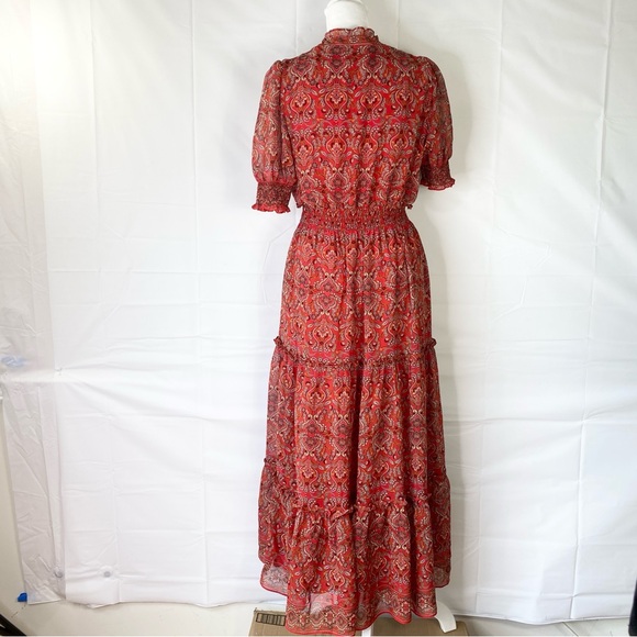 Max Studio Tiered Floral Midi Dress Small Red Tiered Ruffle Paisley Empire S - Picture 4 of 14